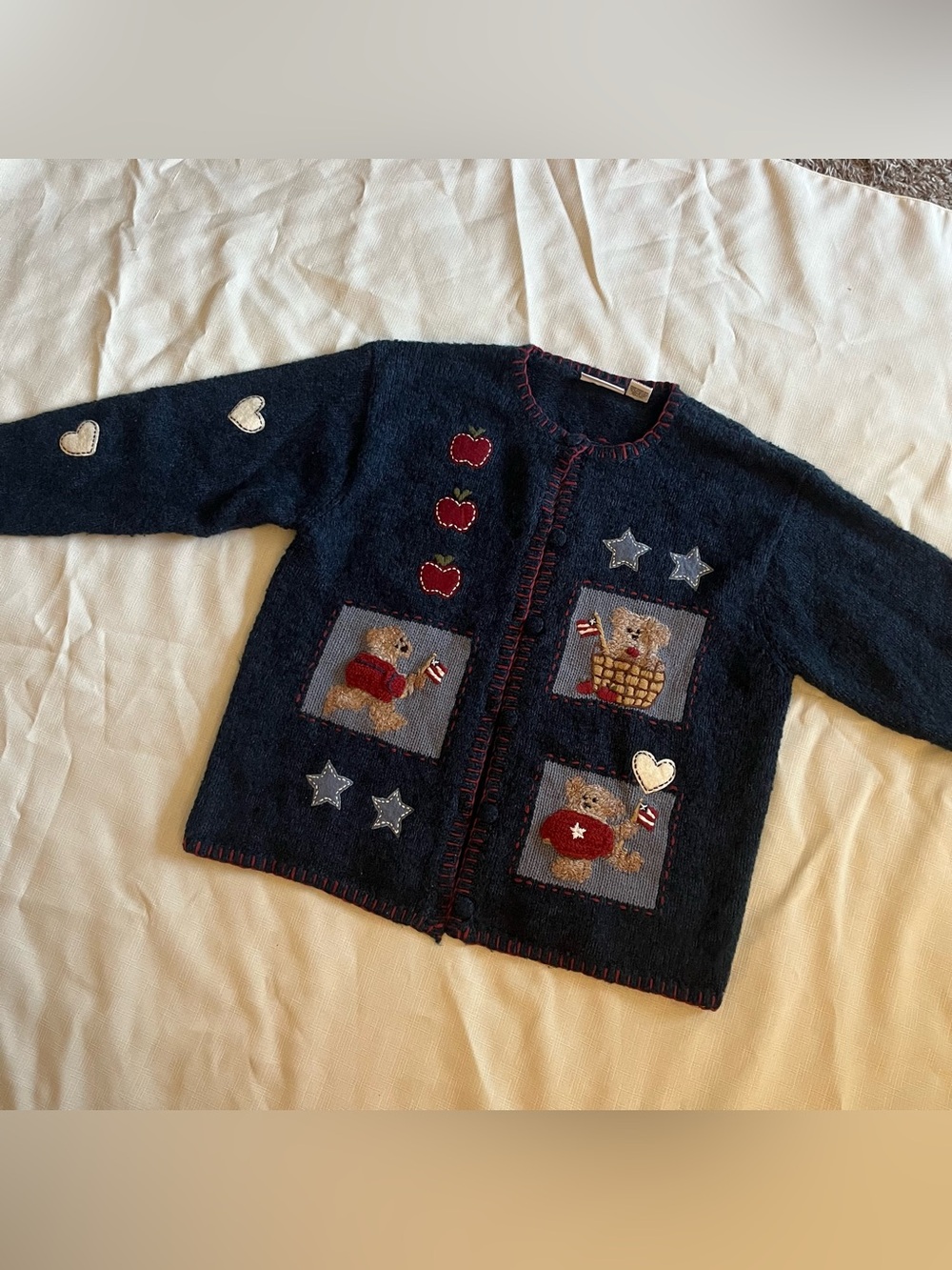 Vintage Croft and Barrow Teddy Bear teacher Americana wool silk cardigan large